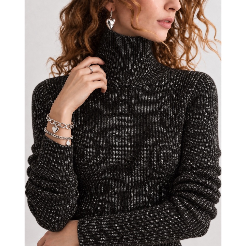 Lauren Ralph Lauren Silk Cashmere Metallic Ribbed Turtleneck Sweater Grey M